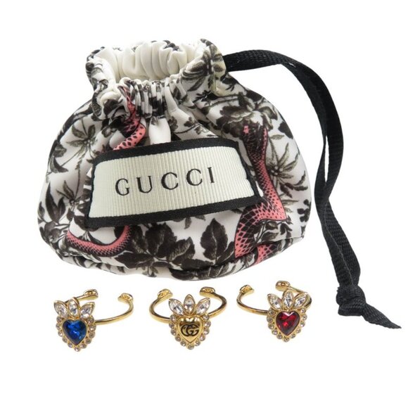 Gucci Crystal Heart 3 Strands GP Gold Red Blue Ring 1210 - Picture 3 of 5